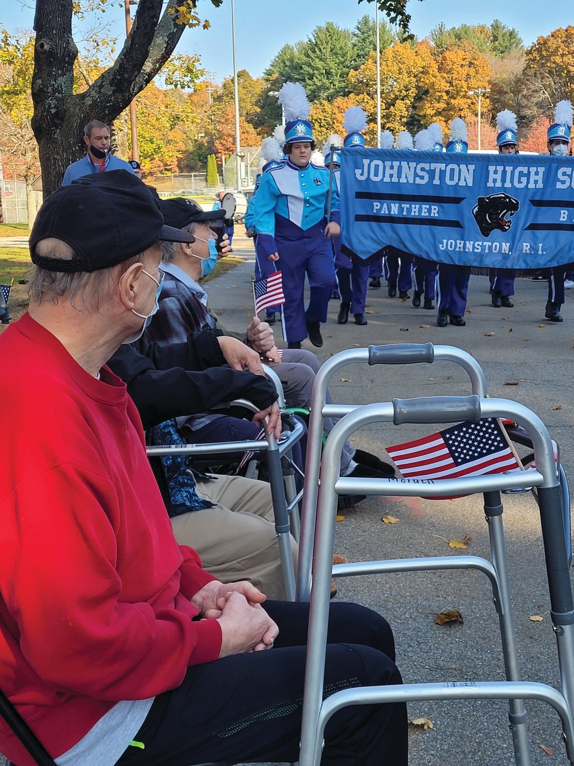 SKY SOLDIER: Veteran George M. was driven to Johnston Memorial Park on Wednesday for a Veterans Day Recognition Ceremony. He had a prime seat for the Johnston High School Marching Band performance.